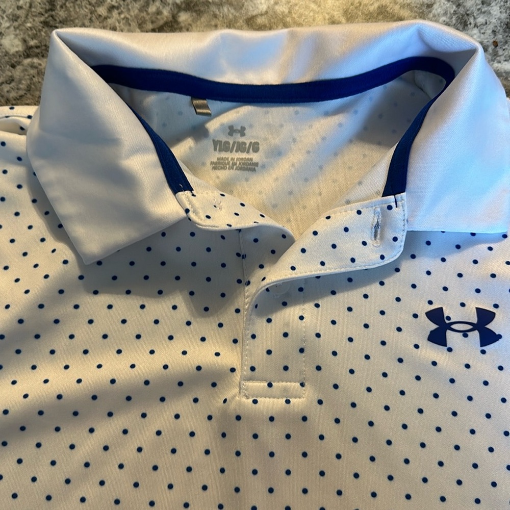 Under Armour youth large polo. White with Royal blue polka dots.